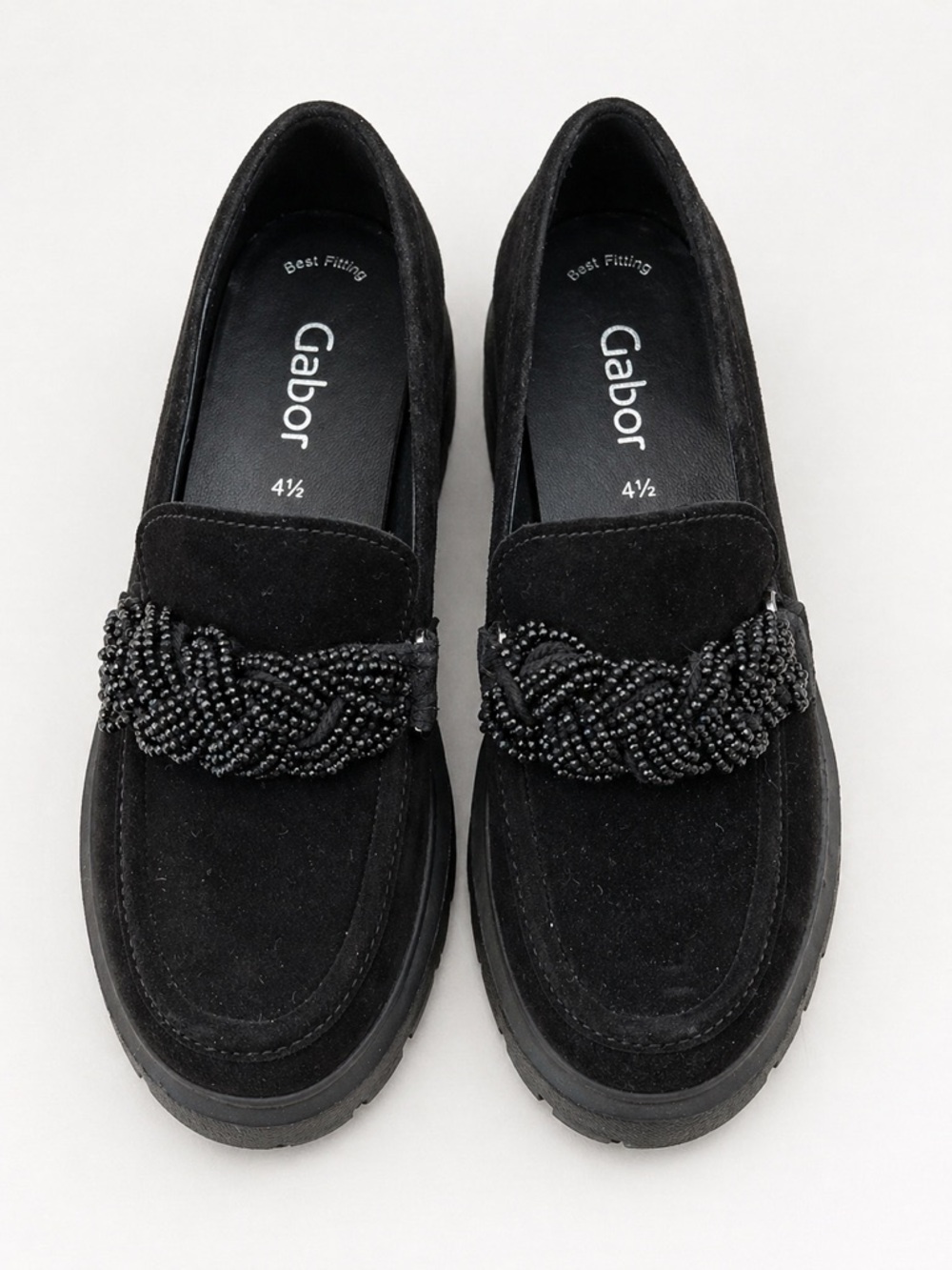 Gabor Suede Platform Loafers Beaded Chain Black Size 4.5 EU (approx. US 7 / 7.5)